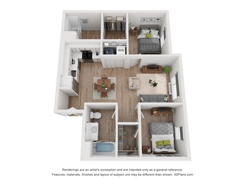 a stylized floor plan of a 1 bedroom apartment